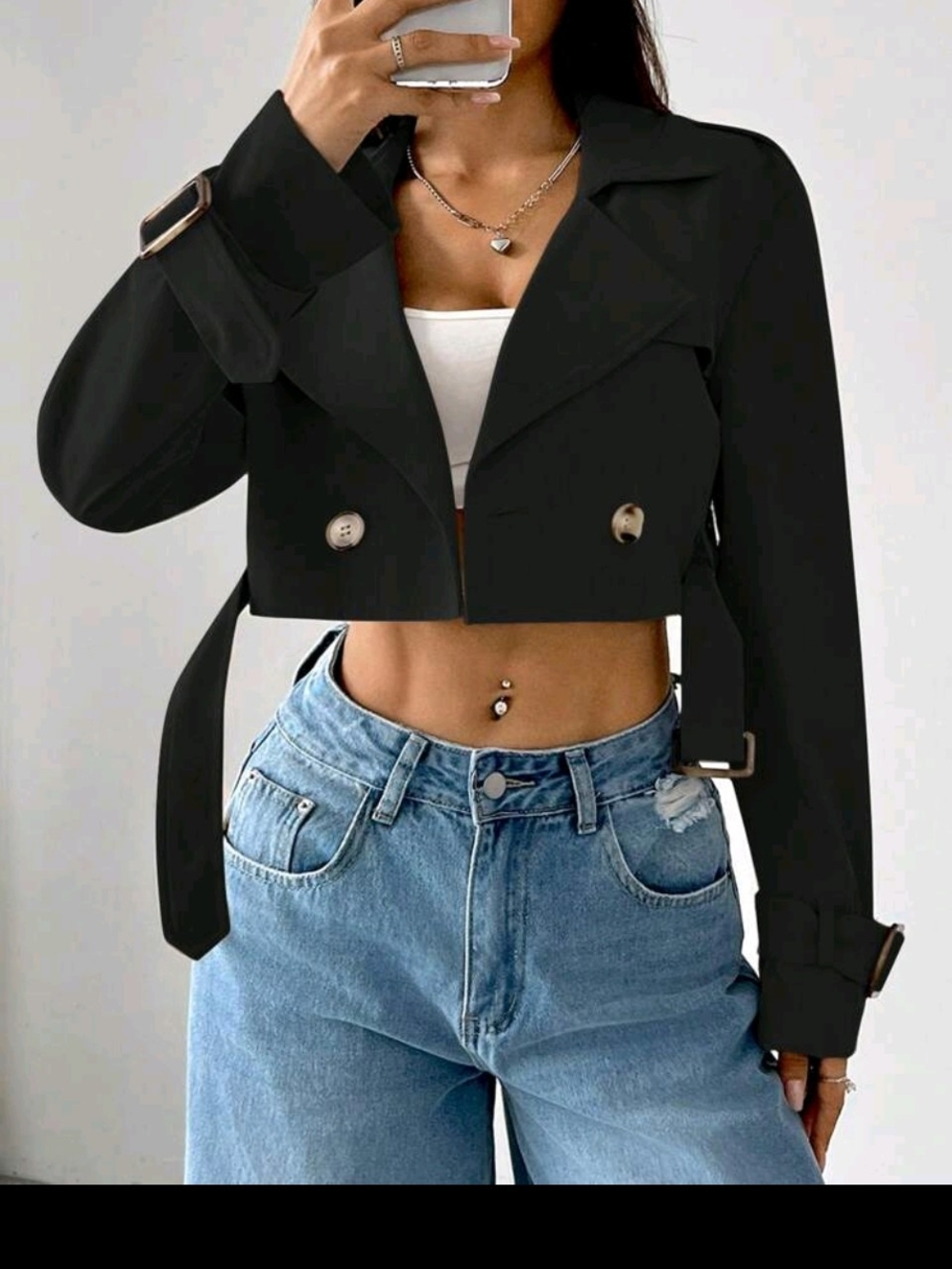 Cropped Black Double-Breasted Trench Jacket